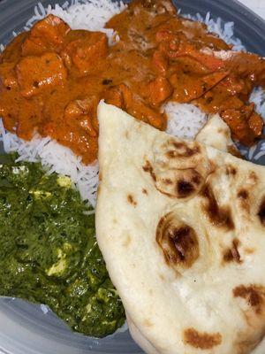 Chicken tiki masala and butter chicken with palak paneer and white rice