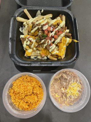 Asada fries, rice and beans.