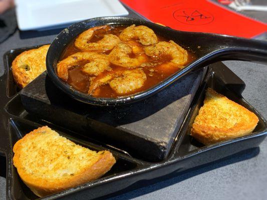 Bubbling Shrimp on a Stone with Garlic Toasts