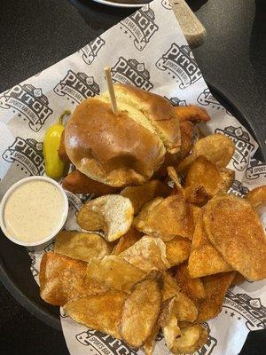 Buffalo chicken sandwich with house fries