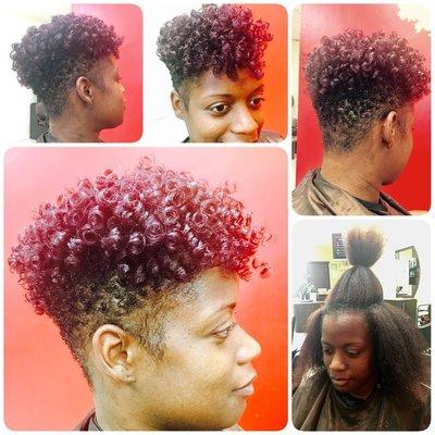 Tapered Cut on natural hair, then colored and rod set for a textured look.