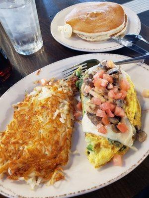 Garden grove omelet w/ hashbrowns and pancakes