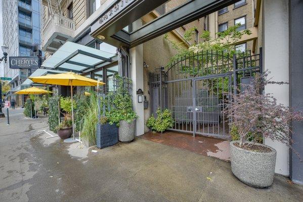 The entrance to Washington Plaza Apartments requires a fob or code to enter courtyard.