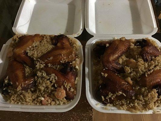 $23.00 Shrimp fried rice
 And 4 chicken wings (dinner)