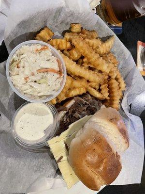 Pot roast sandwich, Fries, coleslaw.