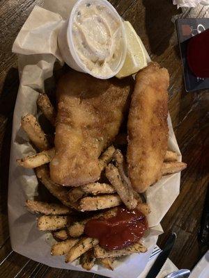 Fried Cod fish in beer batter with fries and a shrimp oil dipping sauce. Excellent!