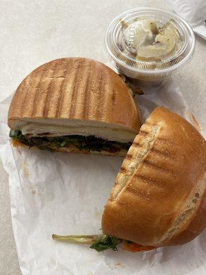 The chicken pesto sandwich and potato salad, both homemade and very delicious