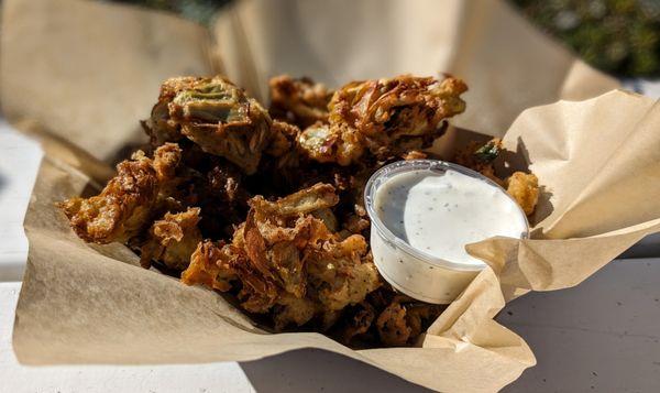 Artichoke Fritters! These are surprisingly crisp and not greasy at all.