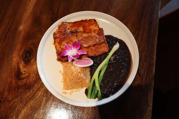 Cecina Plate ,Marinated pork loin ,beans and rice