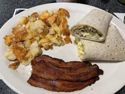 Breakfast wrap, home fries and bacon