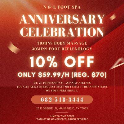 Anniversary Celebration
30mins Body Massage
30mins Foot Reflexology
$10 OFF
ONLY $59.99/h (Reg. $70)