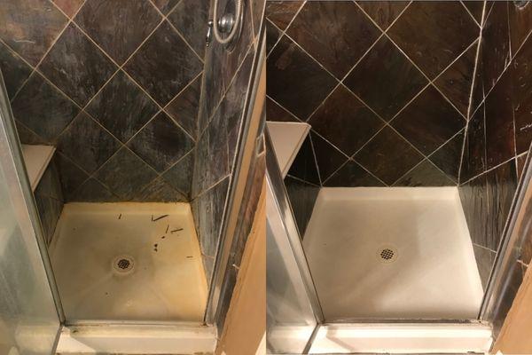 Before and after grout cleaning and grout sealing.