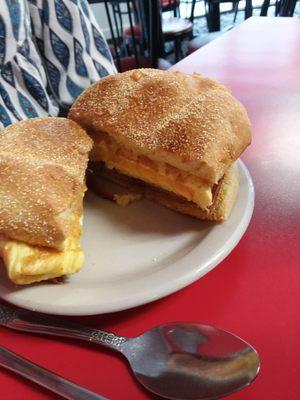 Pork roll, egg and cheese on a Kaiser roll.