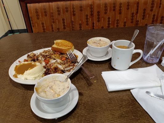 Chicken bruschetta, potato soup, coffee and water.