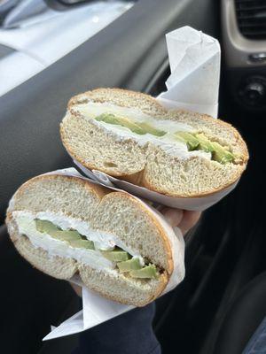 Bagel w cream cheese and avocado. Yum!