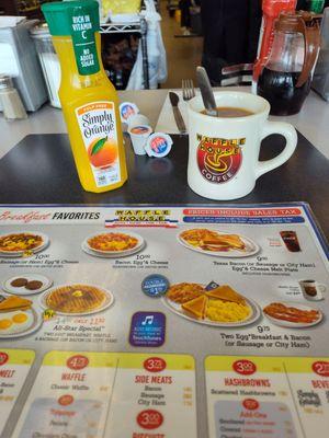 Coffee, orange juice, menu