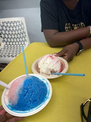 Pink lemonade and blueberry just ice. Coconut and cherry with ice cream and condensed milk.