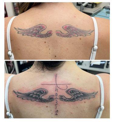 The top photo was done 20 years ago. Allen added exactly what I wanted plus he fixed my wings. I'm in love with the results!