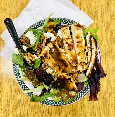 Sergios Salad: walnuts, chicken, feta, special balsamic dressing, cranberries, field greens