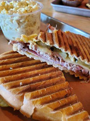 Cuban sandwich with a mustard & egg style potato salad