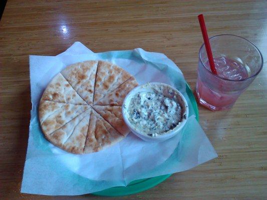 I'm on board with this spinach/artichoke dip served with a pinwheel of pita bread.