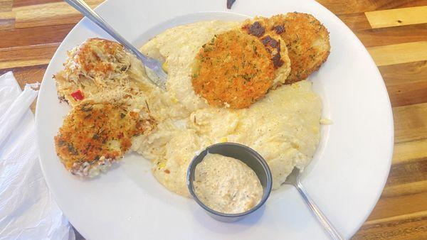 A taste of the south. Cheese grits, fried green tomatoes, and crabcakes