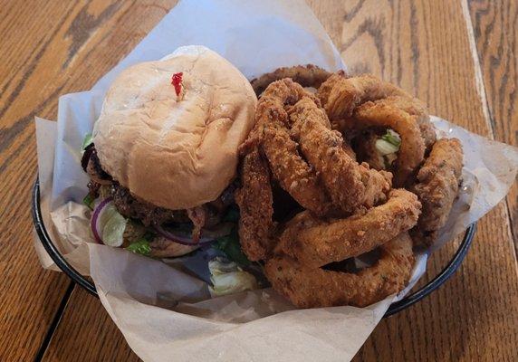 Bacon cheeseburger and onion rings