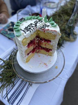 Three layers of tasty lemon cake with delicious raspberry filling!