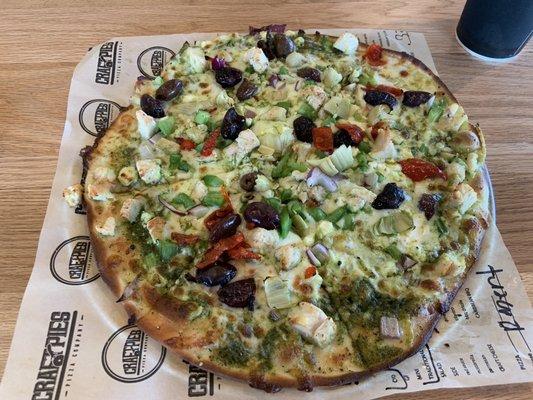 Pesto, chicken, feta cheese, kalamata olives, red peppers, onions, green peppers