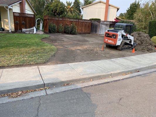 Prepping and leveling the ground before laying down rocks and plants.