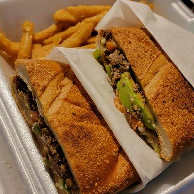 Steak torta and fries.