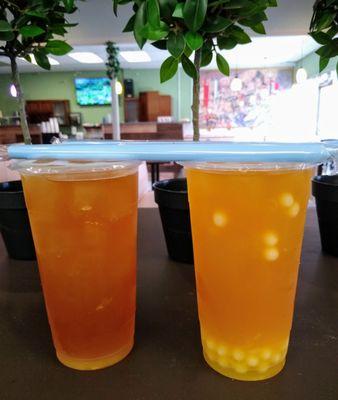 Mango tea and passion fruit tea with yogurt pearls