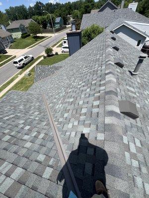 We chalk line our roof ridges and valleys to ensure a straight line.