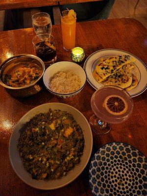 Butter chicken, rice, saag paneer, garlic butter nan