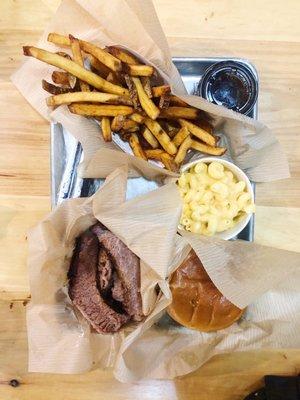 Beef Brisket, fries, Mac & Cheese, pulled pork sandwich