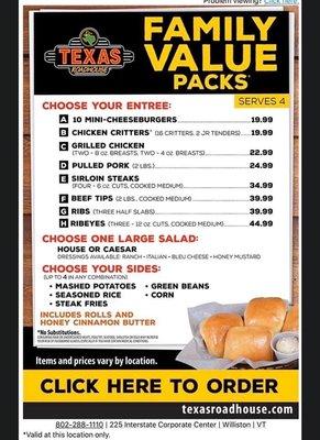 Family Value Pack Menu