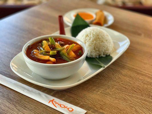 Lunch Special: Sweet&Sour Beef with Jasmine Rice & Spring Roll