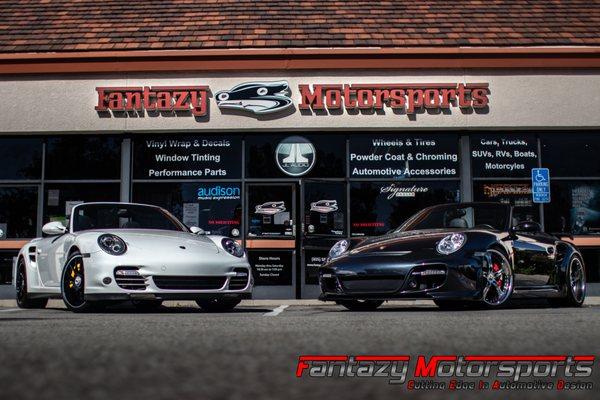 Very Clean White Porshe with a Fabspeed Exhaust system with Racing Headers, Finished with Custom Black Tips. Completed with Custom Calipers