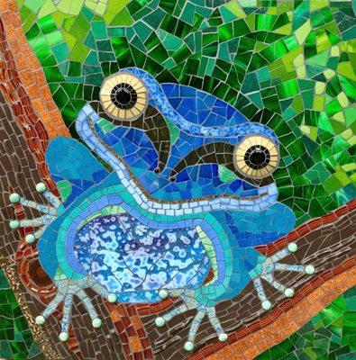 3' x 3' blue tree frog mosaic mural at Lucile Packard Children's Hospital Stanford, in Palo Alto  by Passiflora Mosaics.