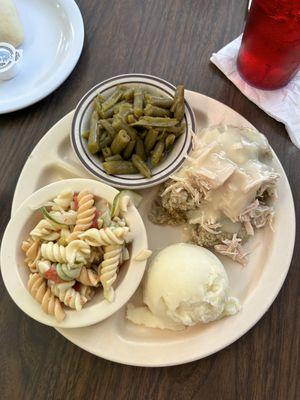 Turkey and dressing with mashed potatoes, green beans, and pasta salad.