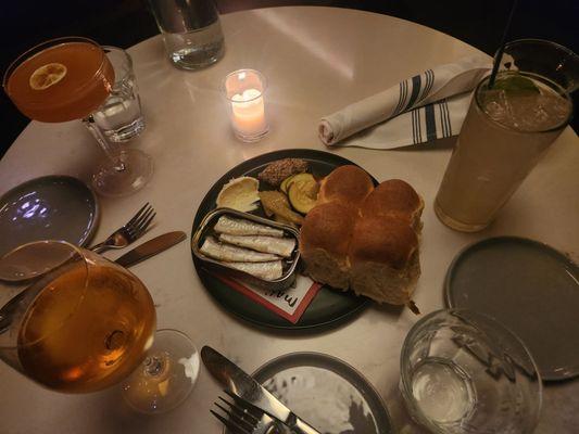 Wine and cocktails with canned sardine