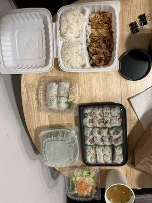 Teriyaki Chicken (doubled up on rice), two CA rol, Azuma maki, Alaska rolll, edamame, salad, and Miso Soup