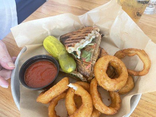 Veggie Panini with a side of Onion Rings