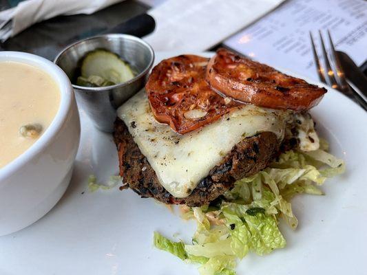 Bunless Black Bean Burger w. cup of cheesy veg soup (yum!)