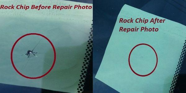 Rock chip before and after repair