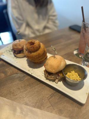 Tuna Melt Sliders with onion rings and a curry dipping sauce.