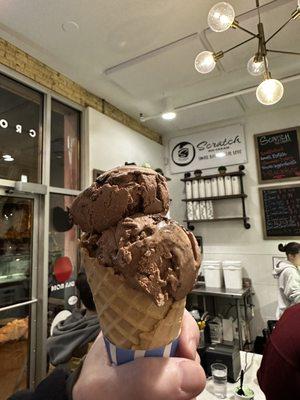 Chocolate brownie in waffle cone