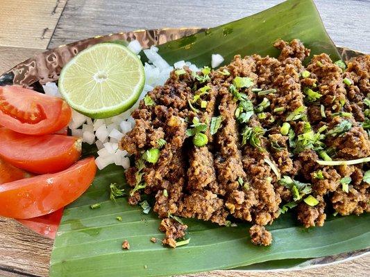 Kheema Masala - very tasty ground lamb, served with a side of basmati rice (not shown)