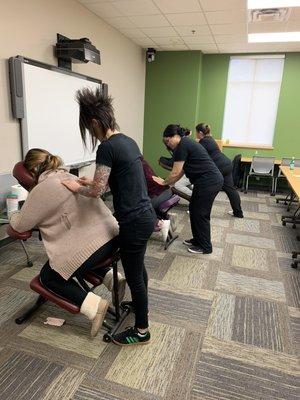 Chair massage event!  Thank you to CBC for allowing us to work on your students during finals !