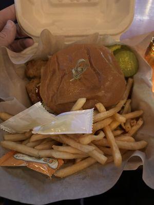 Bang honey spice fried chicken sandwich and fries.